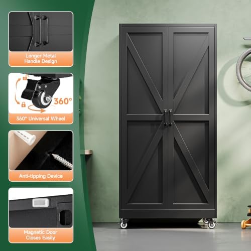 Letaya Metal Garage Storage Cabinet with Wheels,75" Black Tool Steel Locker - Image 5