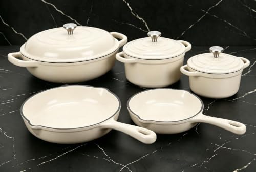 Nonstick Enameled Cast Iron Cookware Set - 8 Piece Pots and Pans with Lid, Frying Pan, Skillet, Dutch Oven Set for All Stovetops, Ideal for Sourdough Bread Baking, Cream White by QuliMetal