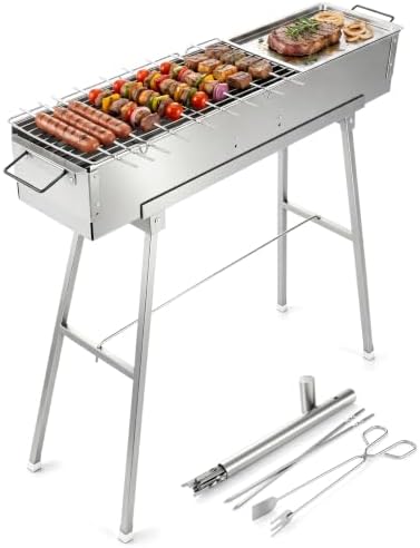 IRONWALLS Portable Charcoal Grill Foldable with Skewer, 32"(L)x8"(W)x32"(H) by IRONWALLS