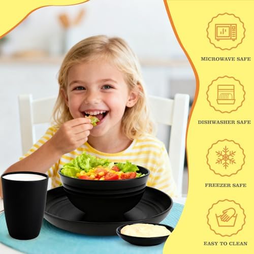 Wheat Straw Dinnerware Sets 16 PCS, Unbreakable Kids Plates and Bowls for 4-9 IN Plates, 26 OZ Cereal Bowls, 2 OZ Dipping Bowl, 12 OZ Cups, Dishwasher & Microwave Safe Plate Set - Black - Image 4