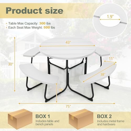 Tangkula 8 Person Round Picnic Table with 4 Built-in Benches, White - Image 3