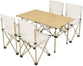 Camping Table with 4 Chairs, Portable Folding Picnic Table Set-Beige by FXKS