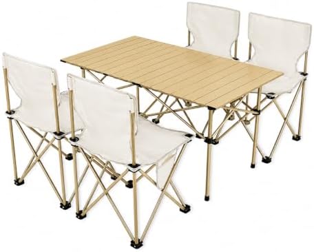 Camping Table with 4 Chairs, Portable Folding Picnic Table Set-Beige by FXKS