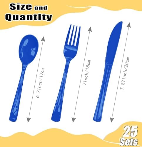 HEIPINIUYE 75 Pack Royal Blue Plastic Cutlery Heavy Duty Blue Plastic Knives Forks and Spoons Disposable Silverware Set for 25 Guest Camping Birthday Baby Shower Party Cutlery Set - Image 3