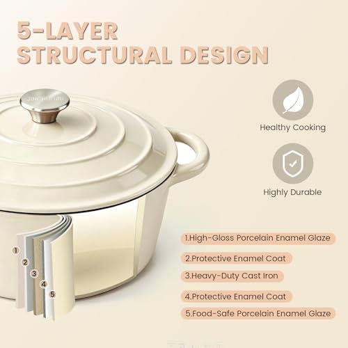 5 Qt Enameled Cast Iron Dutch Oven with Lid, Cream - Image 7