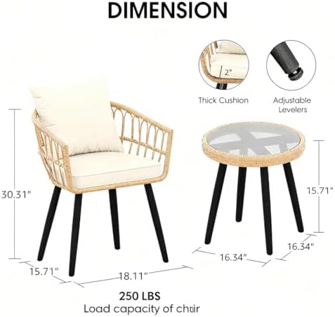 PORWEY 3 Piece Patio Bistro Set for Balcony, Apartment, Backyard, Beige - Image 2