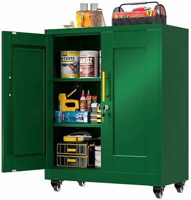 GAIOUS Metal Storage Cabinet with Lock and Wheels, Steel Office Cabinet with 2 Door and 2 Adjustable Shelves, 35” Tall Lockable File Cabinet, Garage Cabinet, Rolling Cabinet for Home Office - Green by GAIOUS
