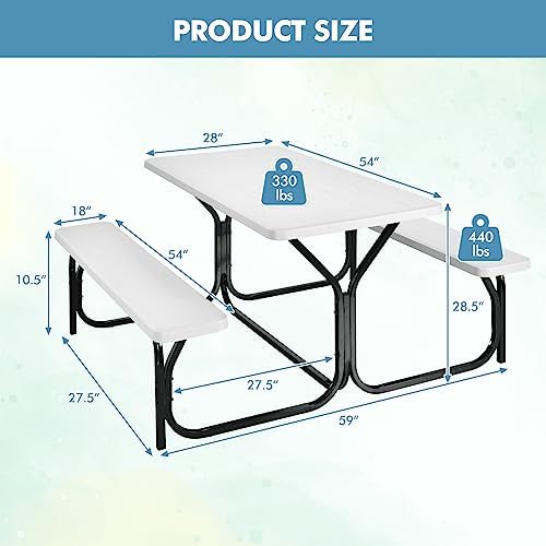 ORALNER Picnic Table, Resin Dining Table & 2 Benches Set, Weather Resistant Wood Grain Plastic Tabletop & Steel Frame, Picnic Tables for Outdoors, Porch Yard Patio Lawn Party Camping (White) - Image 2