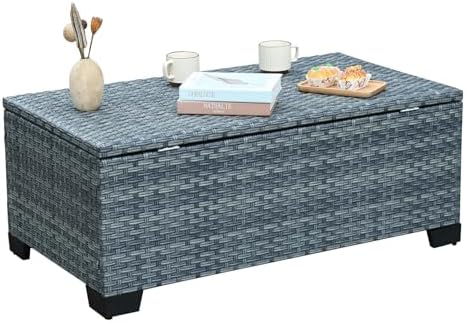 Outdoor Storage Table Wicker Patio Coffee Table All-Weather Rattan Side Table with Waterproof Cover, Grey by Rattaner