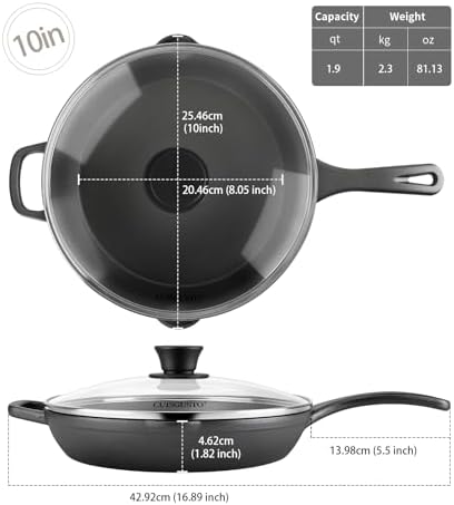 10 Inch Cast Iron Skillet with Glass Lid, Pre-Seasoned Frying Pan - Image 3