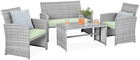 Best Choice Products 4-Piece Outdoor Wicker Patio Conversation Furniture Set for Backyard w/Coffee Table, Seat Cushions - Gray/Light Mint by BestChoiceProducts