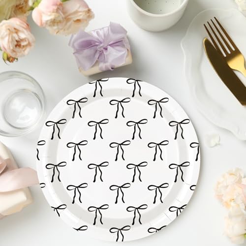 FYSUIMU 50Pcs Black Bow Paper Plate Cute Bowknot Disposable Plates 9 Inch Dinner Dessert Plates for Coquette Birthday Baby Shower Party Tableware Supplies - Image 5