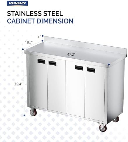 ROVSUN Stainless Steel Table with Cabinet & Wheels 47" x 19"，Commercial Pre Table with Backsplash, Heavy Duty Work Table with 4 Doors, Large Space Storage for Kitchen Restaurant Hotel Garage - Image 3