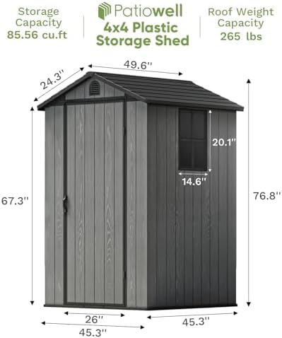 Patiowell 4 x 4 FT Plastic Outdoor Storage Shed with Floor, Garden Tool Resin Shed with Two Windows and Lockable Door for Garden, Backyard, Lawn, Easy to Install, Dark Grey - Image 2