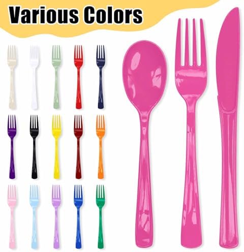 HEIPINIUYE 75 Pack Hot Pink Plastic Cutlery Heavy Duty Hot Pink Plastic Knives Forks and Spoons Disposable Silverware Set for 25 Guest Camping Birthday Baby Shower Party Cutlery Set - Image 5