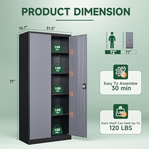 Letaya Metal Garage Storage Cabinets with Lock Door and Adjustable Shelves, Steel Tool Cabinets for Home,Office,Warehouse Organisieren (Black Gray) - Image 3