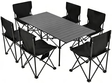 Camping Table with 6 Chairs, Portable Folding Picnic Table Set by FXKS