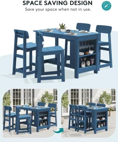 SERWALL Outdoor HDPE Counter-Height Bar Table with Storage Rack, Blue - Image 5