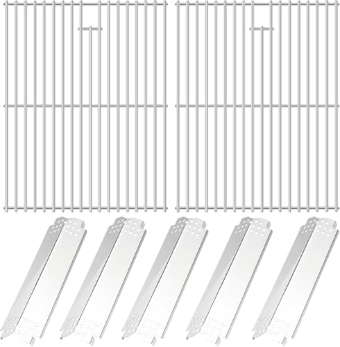 Uniflasy Parts for Nexgrill 720-0830H, 720-0888/720-0888N, Cuisinart CGG-7400 – 17" Stainless Steel Cooking Grates (2 Pack) + Heat Plates/Flame Tamers (5 Pack) for Nexgrill Replacement Parts by Uniflasy