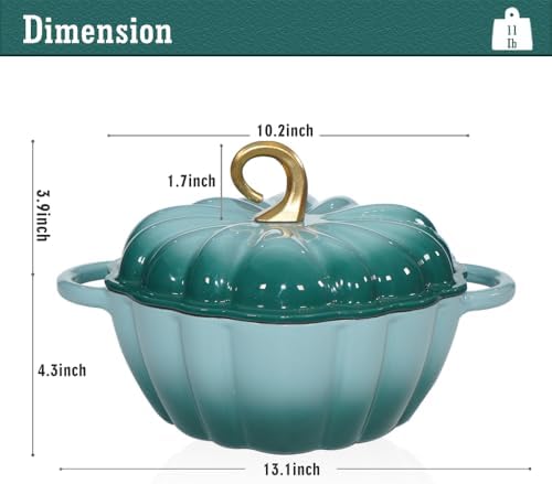 Pumpkin Enameled Cast Iron Dutch Oven with Lid, 4.5 QT Dual Handles and Heavy Duty Pot, Oven Safe up to 500°F for Bread Baking, Braising, Cooking and Family Gifts, Cyan - Image 5