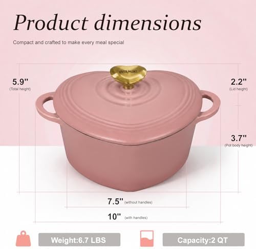 Overmont Enameled Cast Iron Dutch Oven - 2QT Pink Heart-Shaped Mini Pot - Image 2