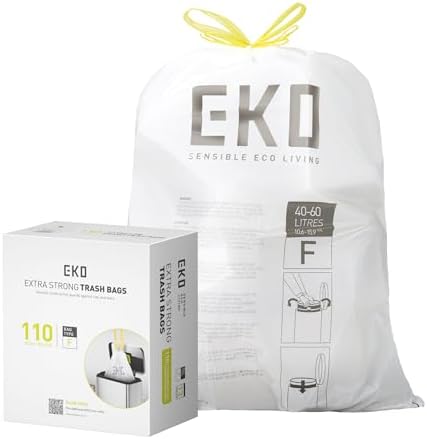 EKO 13 Gallon / 40-60 Liter,110 Count Drawstring Trash Bags, Extra-Strong Unscented Garbage Bags, Easy-Dispense Roll for Kitchen & Household Use, Resists Tears, Leaks and Punctures, Code F, White by Unknown