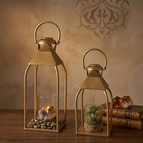 Decorative Metal Lanterns Indoor Outdoor, Candle Holder for Porch, Patio, Fireplace, Floor, Wedding, Christmas, Fall, Holiday, Farmhouse Table Centerpiece (Antique Gold, Set of 2 15.7" 12") - Image 2