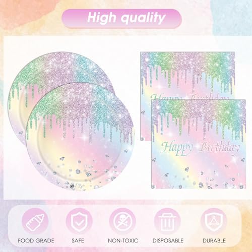 41Pcs Pastel Birthday Decorations Pastel Rainbow Tableware Set Disposable Paper Plates,Napkins,Tablecloth丨Rainbow Birthday Decorations for Girls,Baby Shower,Bridal Wedding Party Supplies,Serve 20 - Image 4