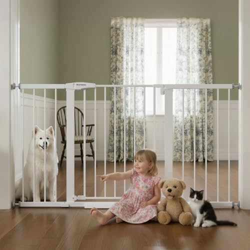 Mumeasy 36" Extra Tall Baby Gate for Doorways, 29.7"-57" Extra Wide Dog Gate for Stairs, Pressure Mounted Auto Close Pet Safety Gate with Easy Walk Thru Door, Large Indoor Child Gate for House, White by Mumeasy-FocusonBabyPetSafetyGate