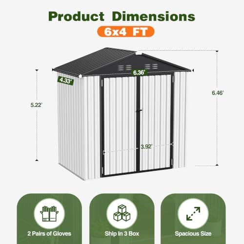 6 x 4 FT Outdoor Storage Shed, Waterproof Metal Garden Tool Shed with Gable Sloped Roof, Lockable Door & Air Vents for Backyard Patio Lawn, White - Image 2