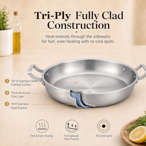 DELARLO Paella Pan 14 Inch Tri-Ply Stainless Steel Paella Pan with Lid, Jumbo Frying Pan, kitchen Induction Large Skillets,Great for Paella Parties Indoors Outdoors,Heavy Duty Style - Image 2