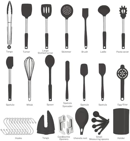 Silicone Kitchen Cooking Utensils Set with Stainless Steel Handle, Spatula Set Utensil Set, Cooking Utensil Set,Kitchen Tools Gadgets for Nonstick Cookware (35, Black) - Image 4