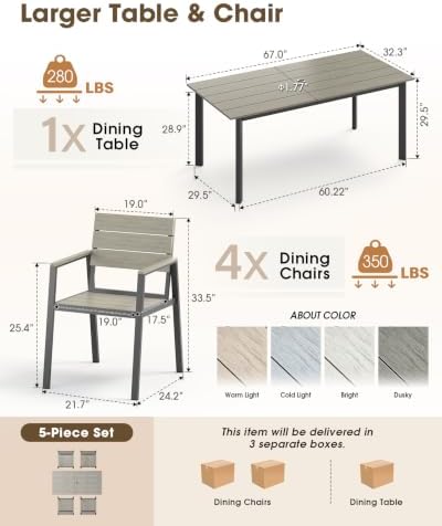 Outdoor Dining Set for 4, Aluminum Patio HDPS Outdooor Table and Chairs Set with Umbrella Hole, All Weather Patio Furniture Set, 5 Peice Patio Dining Table Set (Classic Gray) - Image 6