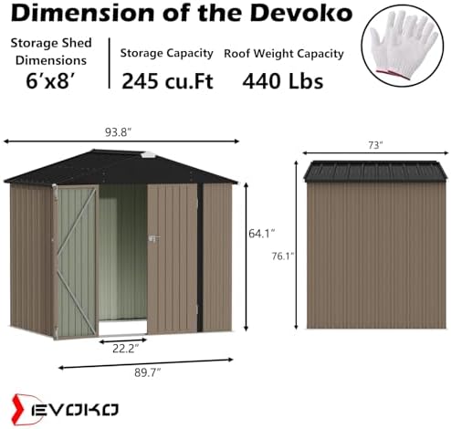 Devoko 8x6 FT Outdoor Storage Shed, Brown - Image 3