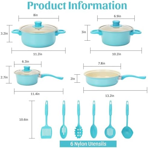 Non-Stick Cookware Set, Portable Lightweight Cast Iron Pots and Pans with Glass Lids and Nylon Utensils - 13 Piece Set, Outdoor Camping Picnic Travel（Blue） - Image 2