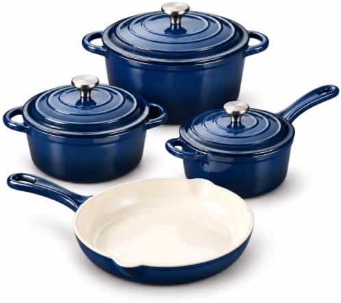 QuliMetal Enameled Cast Iron Cookware Set, 4-Piece Pots and Pans Set with Lids, 10.25" Skillet, 2QT Saucepan, 2.8QT & 4.8QT Dutch Ovens, Oven Safe to 500°F, All Stovetops Compatible - Navy Blue by QuliMetal
