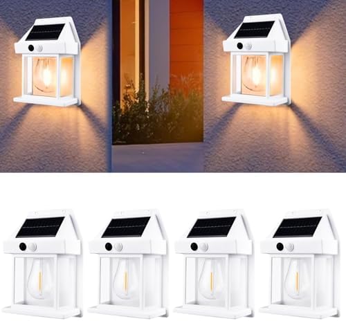 4 Pack Solar Wall Lights Outdoor with Motion Sensor, Vintage Solar Wall Lanterns, Dusk to Dawn IP65 Waterproof Solar Lights for Porch Patio Garage Fence Yard Garden (4, White) by Unknown
