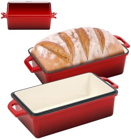 Northriver Casting 9x5 Inch Enameled Cast Iron Bread Loaf Pan with Lid, Perfect Sourdough Baking Pans | Even Heat Distribution for Homemade Bread, Cake, Meatloaf，2 Piece set，Red by NorthriverCasting