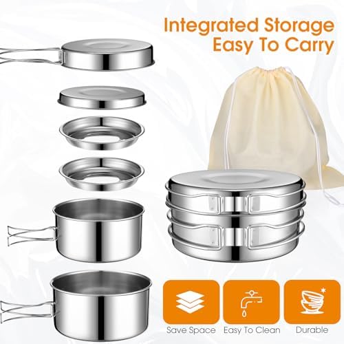 Funnymoom 14 Piece Camp Cooking Set, Stainless Steel Camping Cookware with Pot and Pan Kit 2 Set Stainless Steel Cups Plates Forks Knives Spoons for Camping, Backpacking, Outdoor Cooking and Picnic - Image 2