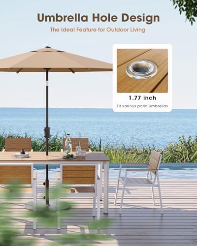 Outdoor Dining Table, Aluminum Patio HDPS Outdooor Table with Umbrella Hole, All Weather Patio Furniture Set, Patio Dining Table (White & Teak) - Image 3