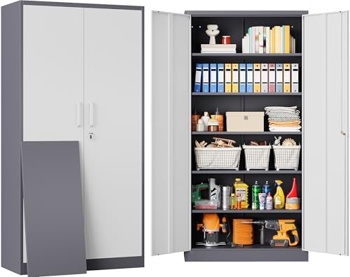 Metal Storage Cabinet with 2 Doors and 6 Shelves,Gray White Metal Cabinet with Lock,71" Lockable Garage Storage Cabinets,Locking File Cabinet,Steel Tool Cabinets for Home,Office,Garage,Shop,School by SISESOL
