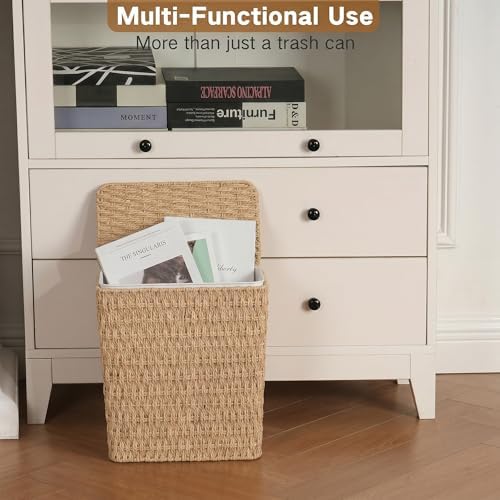 iEGrow Paper Rope Trash Can,Bathroom Trash Can with Lid, 3 Gallon Wicker Waste Basket with Removable Liner, for Bedroom, Living Room, Toilet, Under Sink Natural - Image 6
