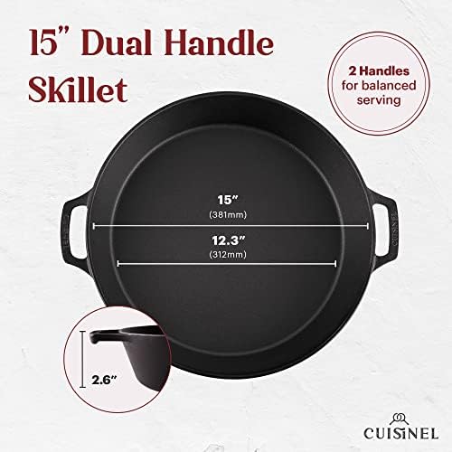 Cuisinel Cast Iron Skillet + Chainmail Scrubber - 15"-Inch Pre-Seasoned Dual Handle Braiser Frying Pan + Silicone Handle Covers - Oven, Grill, Stovetop, Fire, Kitchen Cookware - Indoor/Outdoor Use - Image 5