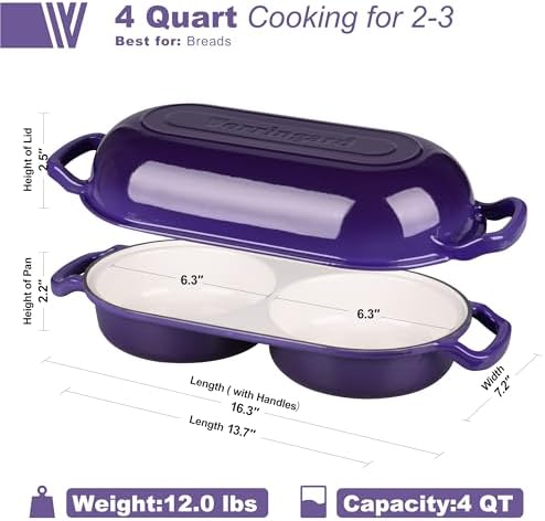 VORRINGARD Enameled Cast Iron Double Dutch Oven with Lid, Dual Round Loaf Pan, Bread pan for Homemade Sourdough Bread Baking, Purple - Image 2