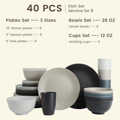 Homienly Premium 40 PCS Wheat Straw Dinnerware Set - Dinner Plates, Cereal Bowls, Unbreakable Cups Set, Microwave and Dishwasher Safe Dishes Set, Reusable Lightweight Dish Sets for Kitchen(Black Grey) - Image 2