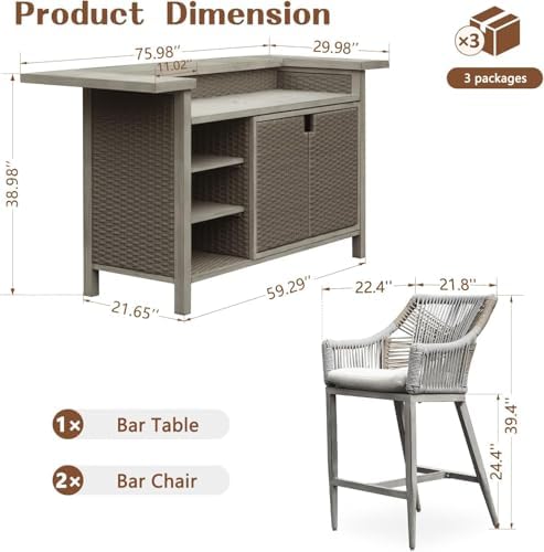 Outdoor Bar Table Set of 3 with 2 Stools, Wicker, Aluminum, Gray - Image 5