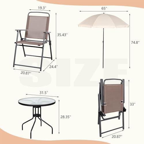Vongrasig 6 Pieces Folding Patio Dining Set, All Weather Small Metal Outdoor Table and Chairs Set, Patio Furniture Set w/Umbrella, Glass Table & 4 Folding Chairs for Garden, Lawn, Backyard, Brown - Image 2