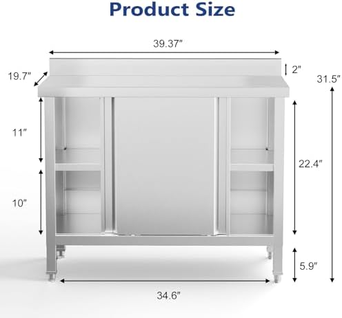 ROVSUN Stainless Steel Table with Cabinet 39" x 19",Commercial Pre Table with Backsplash, Heavy Duty with 2 Sliding Doors, Large Space Storage for Kitchen Restaurant Hotel Garage Warehouse - Image 3