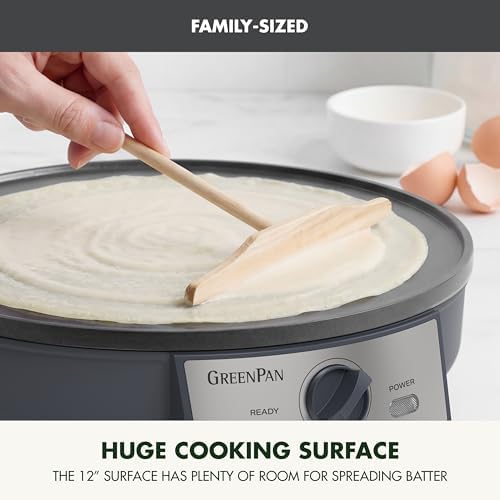 GreenPan Advanced 12" Crepe Maker, Ceramic Nonstick PFAS-Free Coating, Adjustable Temperature Control, 400°F Heating, Batter Spreader & Crepe Turner Included, Graphite - Image 3