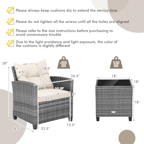 Tangkula 3 Pieces Patio Furniture Set, PE Rattan Wicker 3 Pcs Outdoor Sofa Set w/Washable Cushion and Tempered Glass Tabletop, Conversation Furniture for Garden Poolside Balcony (Mix Grey-White) - Image 5